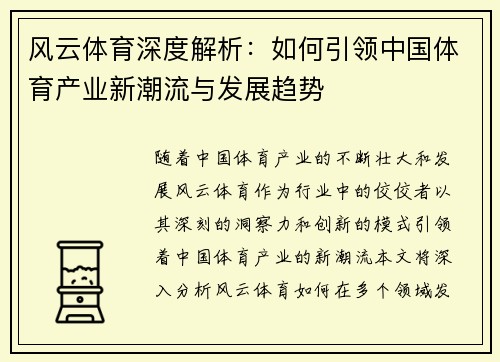 风云体育深度解析：如何引领中国体育产业新潮流与发展趋势